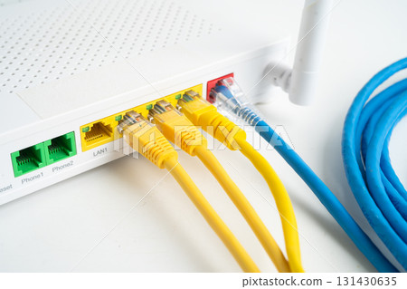 Ethernet cable with wireless router connect to internet service provider network. 131430635