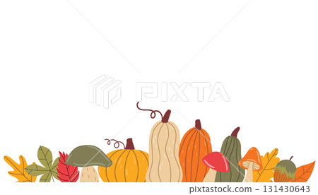 Cute autumn border with pumpkins, leaves, mushrooms and nut on white background in flat cartoon style. Cute autumn border with pumpkins, leaves, mushrooms and nut on white background in flat cartoon style. 131430643