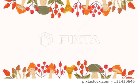 Cute autumn card with decorative borders of mushrooms and red berries in flat cartoon style. 131430646