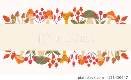 Autumn poster with cute border of mushrooms and red berries in flat cartoon style. Autumn poster with cute border of mushrooms and red berries in flat cartoon style. 131430647