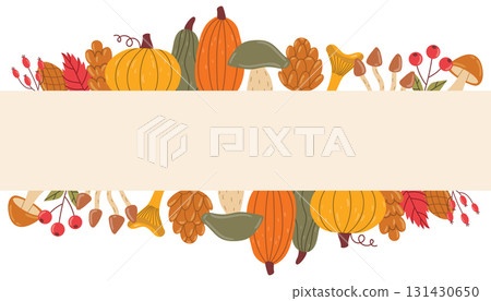 Autumn poster with decorative borders on top and bottom of leaves, acorns, cones, berries, and mushrooms in flat cartoon style. 131430650