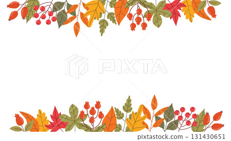 Autumn poster with top and bottom borders of colorful leaves and red berries in flat cartoon style. 131430651