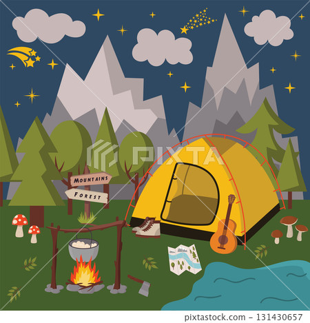 Night camping square scene with mountain landscape, forest, starry sky, tent. 131430657