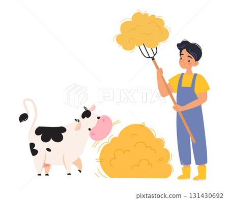 Man Farmer Character Feed Cow with Hay Vector Illustration Man Farmer Character Feed Cow with Hay Vector Illustration 131430692