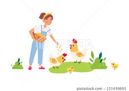 Woman Farmer Character Feed Chicken with Grain Vector Illustration 131430693