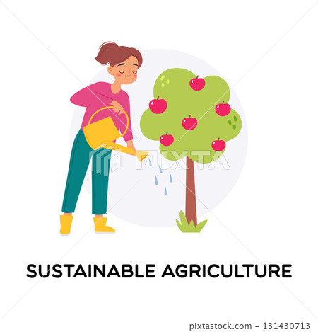 Sustainable Agriculture with Woman Water Tree as Organic Farming Vector Illustration 131430713