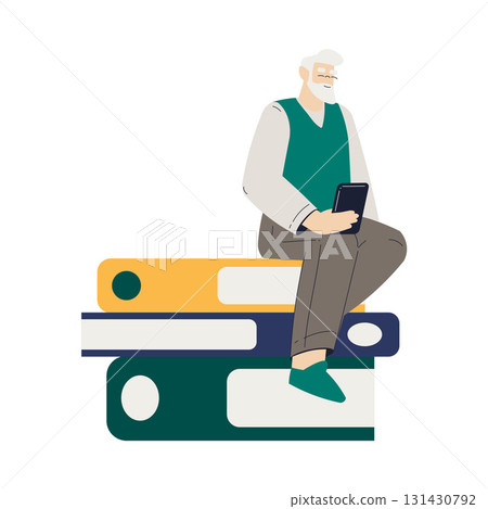 Old Man Character with Tablet Read Book Use Internet and Modern Gadget Vector Illustration Old Man Character with Tablet Read Book Use Internet and Modern Gadget Vector Illustration 131430792