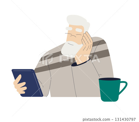 Old Man Character with Tablet Use Internet and Modern Gadget Vector Illustration 131430797