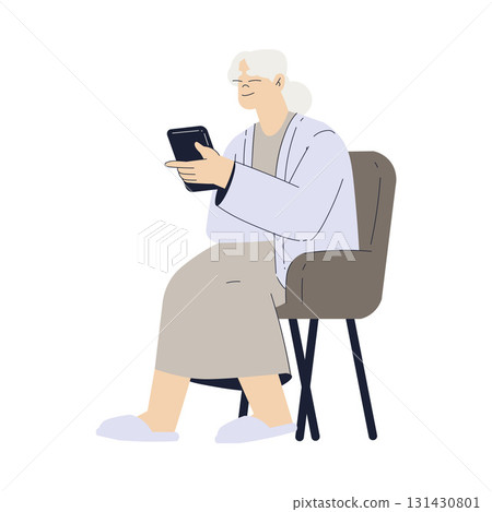 Old Woman Character with Tablet Use Internet and Modern Gadget Vector Illustration 131430801