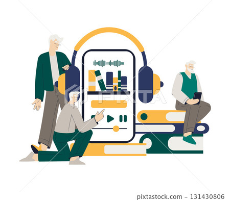 Old Man Character Listen Audio Book with Smartphone Use Internet and Modern Gadget Vector Illustration Old Man Character Listen Audio Book with Smartphone Use Internet and Modern Gadget Vector Illustration 131430806