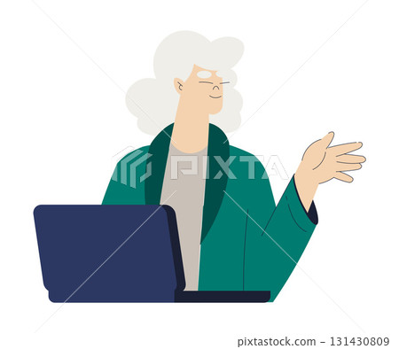 Old Woman Character at Laptop Use Internet and Modern Gadget Vector Illustration 131430809