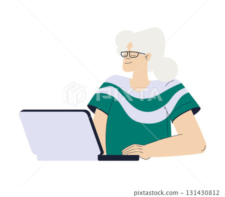 Old Woman Character at Laptop Use Internet and Modern Gadget Vector Illustration Old Woman Character at Laptop Use Internet and Modern Gadget Vector Illustration 131430812