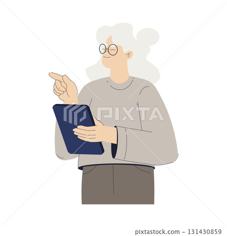 Old Woman Character with Tablet Use Internet and Modern Gadget Vector Illustration 131430859