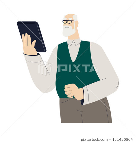 Old Man Character with Tablet Use Internet and Modern Gadget Vector Illustration Old Man Character with Tablet Use Internet and Modern Gadget Vector Illustration 131430864