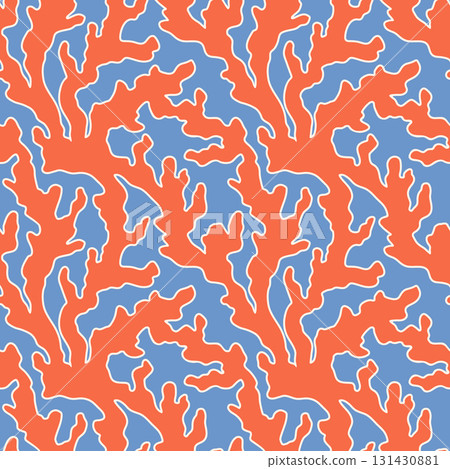 Modern abstract vector seamless pattern. Intricate wavy red coral branch shapes on blue background. Bright, bold playful repeat design tile for textile, print. Smooth irregular fluid freeform texture 131430881