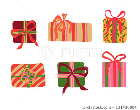 Gift box vector illustration set. Colorful wrapped presents with stripes and bows decorations isolated on white background. Holiday design for Christmas, birthday, New Year in flat hand drawn style 131430894