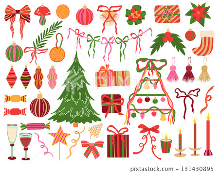 Christmas decorations vector set. Holiday illustration of gifts, bows, xmas tree, garland, ornaments, candles isolated on white background. Flat festive bright modern clipart for cards, winter design 131430895