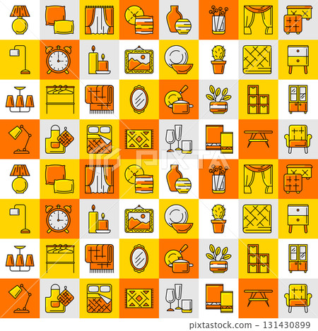 Home decor icons pattern. Domestic items thin line illustration. 131430899