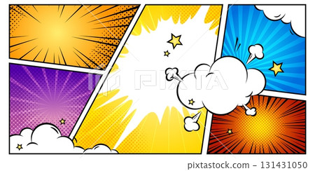 Colorful comic panels with cloud explosions 131431050