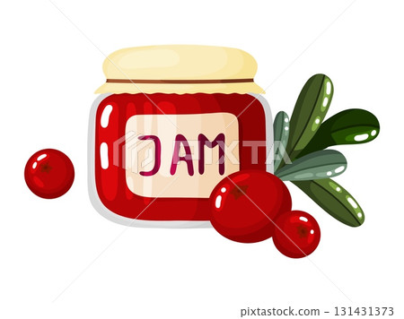 Jam Jar with Cranberries and Foliage Illustration Jam Jar with Cranberries and Foliage Illustration 131431373