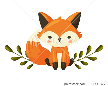 Cute Fox with Green Twigs Illustration Cute Fox with Green Twigs Illustration 131431377