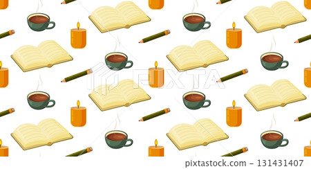 Cozy Reading Pattern with Books, Pencils, Candles 131431407