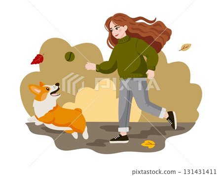 Playful Corgi and Girl Outdoor Fun Autumn Playful Corgi and Girl Outdoor Fun Autumn 131431411