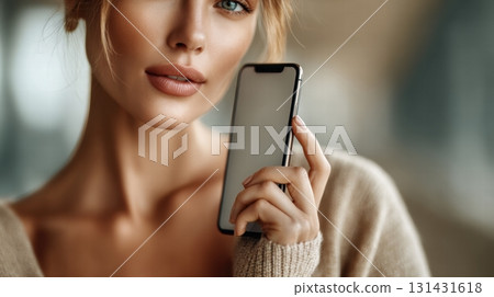 woman's hand holding black smartphone 131431618