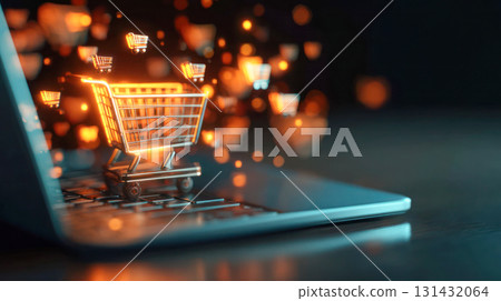 Shopping cart icon glowing on laptop keyboard, representing online shopping concept with digital elements and vibrant colors for e-commerce 131432064