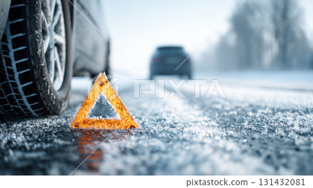 Warning triangle placed on icy road beside vehicle, highlighting winter driving hazards and the importance of safety measures in adverse conditions 131432081