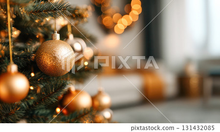 Christmas tree adorned with golden ornaments and soft glowing lights, creating a warm festive atmosphere in a cozy living room setting 131432085