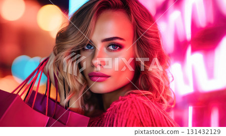 Stylish woman with shopping bags poses confidently against vibrant neon lights, embodying the excitement of Black Friday shopping experience 131432129