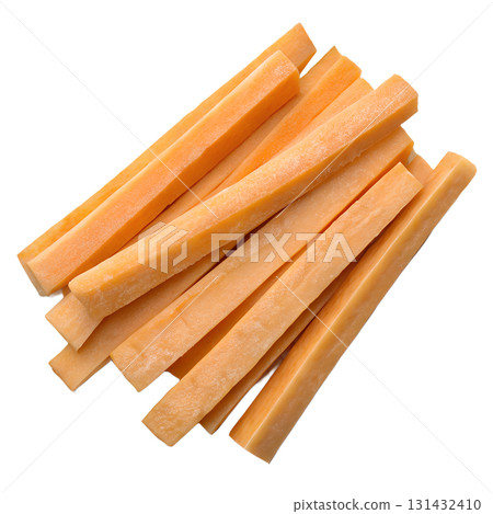 Fresh raw sweet potato sticks or batons, healthy homemade fries ready to cook, isolated on transparent background Fresh raw sweet potato sticks or batons, healthy homemade fries ready to cook, isolated on transparent background 131432410