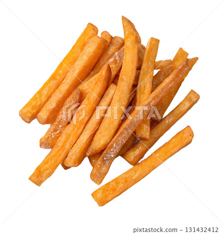 Crispy fried sweet potato sticks or fries isolated on transparent background, snack food concept 131432412