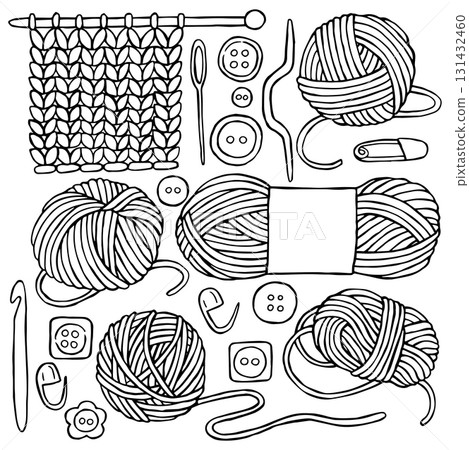 Vector illustration on the theme of knitting and crocheting. A set of balls of yarn and knitting tools.. coloring book 131432460