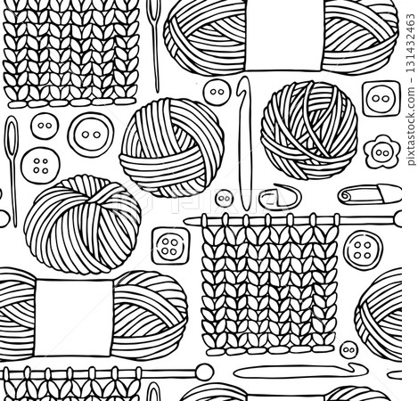 Seamless pattern with knitting and crochet tools. Yarn skeins. Vector illustration. Coloring page. Seamless pattern with knitting and crochet tools. Yarn skeins. Vector illustration. Coloring page. 131432463