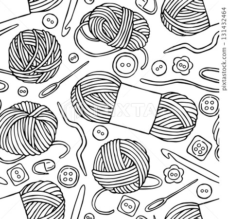 Seamless pattern with knitting and crochet tools. Yarn skeins. Vector illustration. Coloring page. 131432464