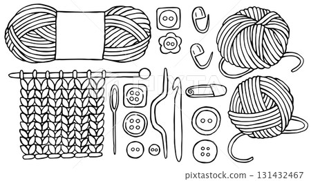 Vector illustration on the theme of knitting and crocheting. A set of balls of yarn and knitting tools.. coloring book Vector illustration on the theme of knitting and crocheting. A set of balls of yarn and knitting tools.. coloring book 131432467