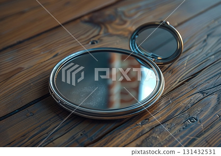 A vintage mirror rests elegantly on a wooden surface, reflecting light and creating a sense of nostalgia. 131432531