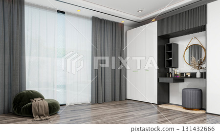 Modern Luxury Walk-In Closet Interior with Wardrobe and Dressing Table, 3D Rendering 131432666