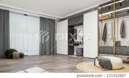 Modern Luxury Walk-In Closet Interior with Wardrobe and Dressing Table, 3D Rendering 131432667