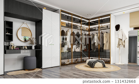 Modern Luxury Walk-In Closet Interior with Wardrobe and Dressing Table, 3D Rendering Modern Luxury Walk-In Closet Interior with Wardrobe and Dressing Table, 3D Rendering 131432668