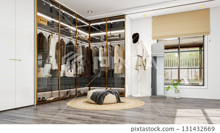 Modern Luxury Walk-In Closet Interior with Wardrobe and Dressing Table, 3D Rendering Modern Luxury Walk-In Closet Interior with Wardrobe and Dressing Table, 3D Rendering 131432669