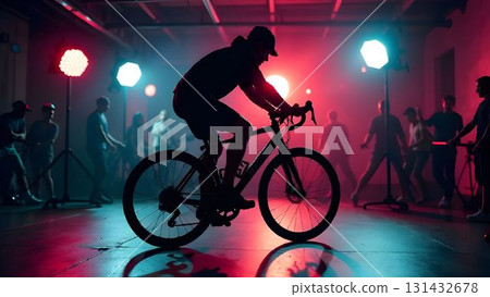 Cyclist preparing for a vibrant indoor cycling event surrounded by energetic participants and colorful lights Cyclist preparing for a vibrant indoor cycling event surrounded by energetic participants and colorful lights 131432678