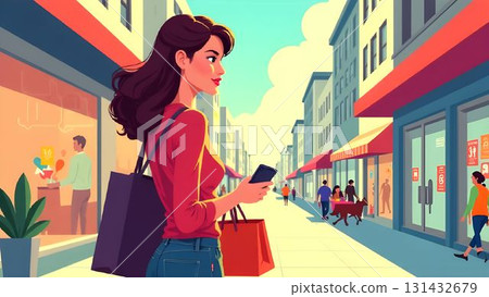 Woman shopping in vibrant downtown area while checking her phone on a sunny day 131432679