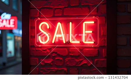 Bright neon sale sign lights up a shopping street at night, attracting customers in search of bargains and promotions Bright neon sale sign lights up a shopping street at night, attracting customers in search of bargains and promotions 131432704