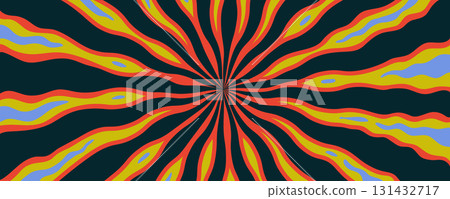Psychedelic fire lava background with abstract red, yellow, and blue wavy rays on dark backdrop. Groovy retro pattern. Great for posters, covers, or bold fabric design Psychedelic fire lava background with abstract red, yellow, and blue wavy rays on dark backdrop. Groovy retro pattern. Great for posters, covers, or bold fabric design 131432717