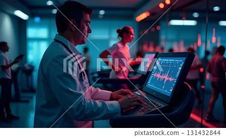 Health professionals monitor patient fitness data during a workout session in a modern medical facility 131432844