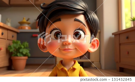 Happy young child smiling warmly in a cozy kitchen during daylight hours 131432845