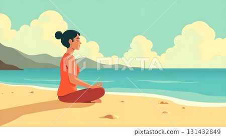 Meditation on the beach at sunrise with a peaceful atmosphere and gentle waves in the background 131432849